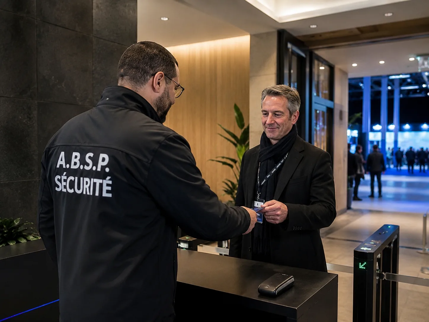 Hall d'accueil d'entreprise sous surveillance, vu de nuit
