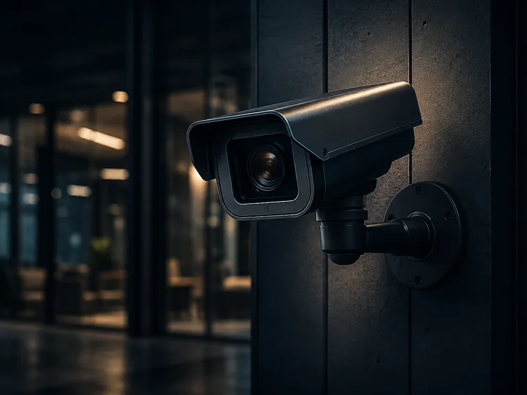 Caméra de vidéosurveillance en façade d'un bâtiment, de nuit