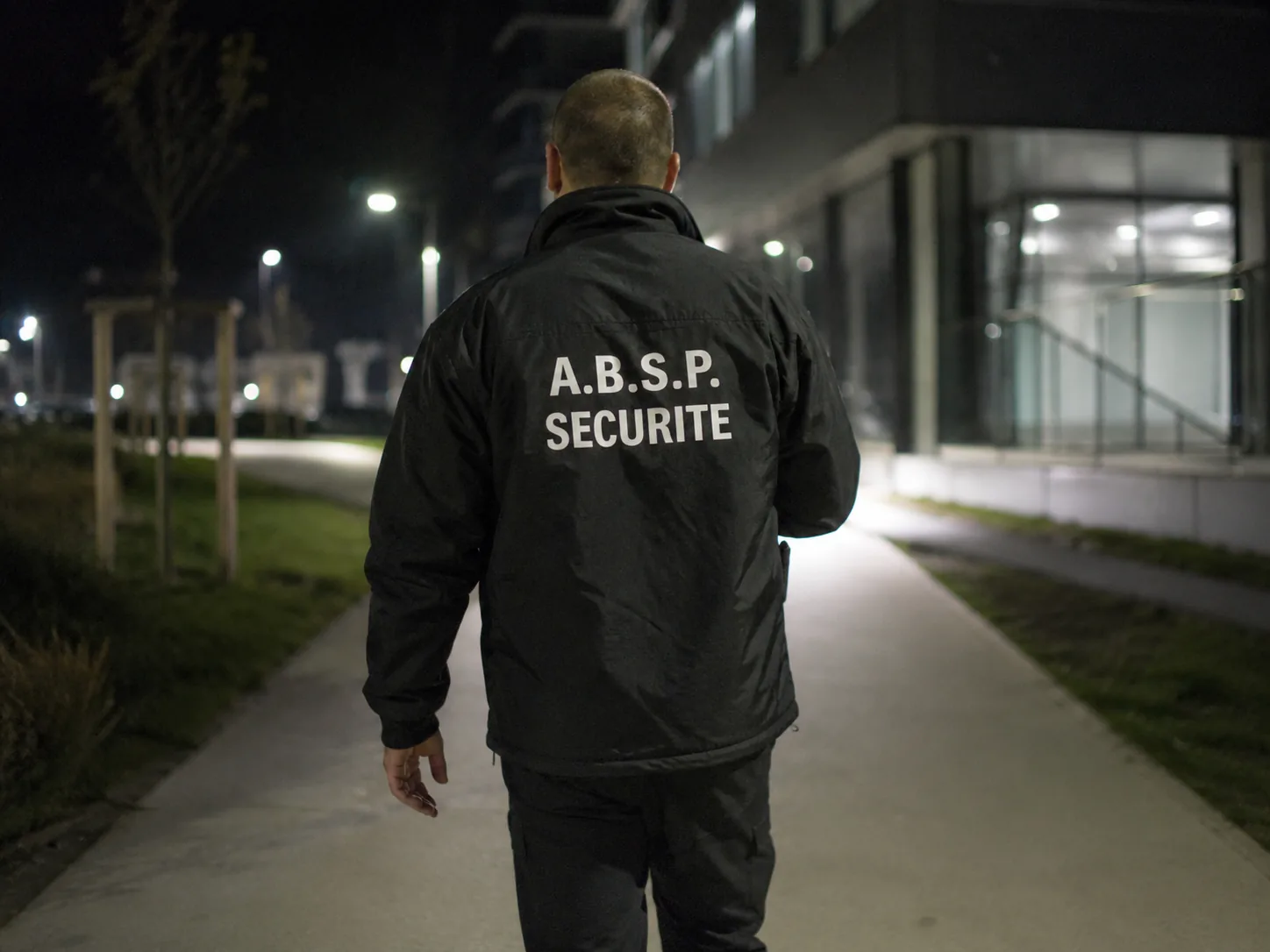 Agent A.B.S.P. en veste sérigraphiée, en ronde de nuit devant un site tertiaire