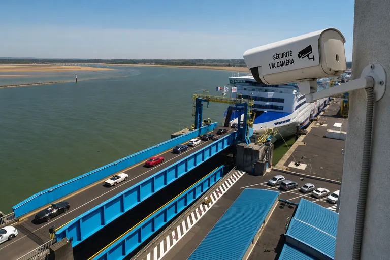 Caméra de sécurité surveillant les quais et les rampes d'embarquement d'un port