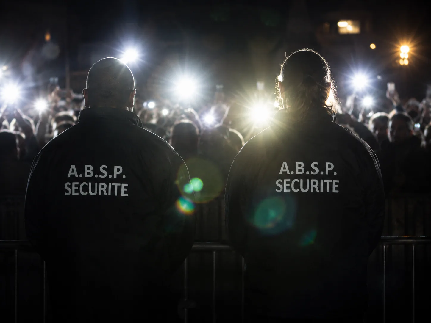 Deux agents A.B.S.P. de dos, veste sérigraphiée, face au public d'un événement de nuit
